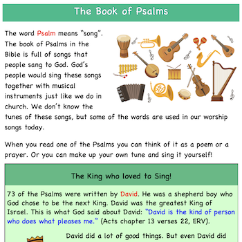 “Feelings in the book of Psalms” FREE easy read Bible study worksheets