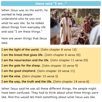 “Jesus said ‘I am…'” FREE easy read Bible study worksheets
