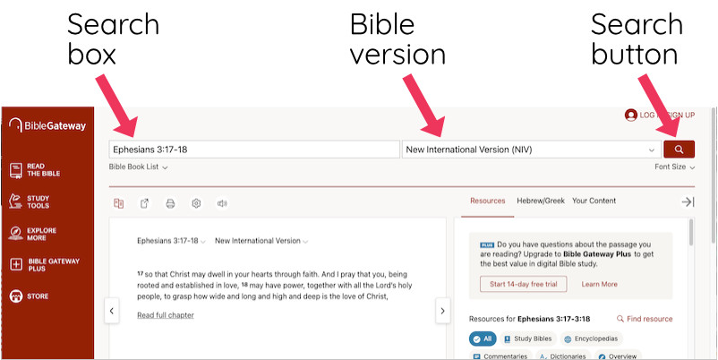 Image of BibleGateway website with arrows pointing to search box, Bible version and search button