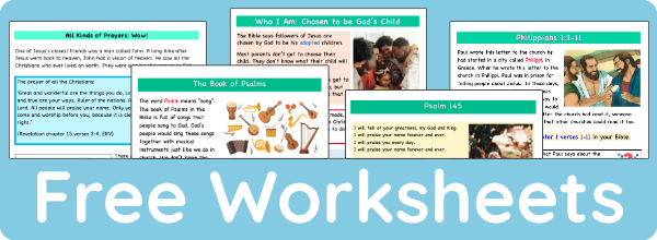 Image link for Free Worksheets page, showing different Bible study worksheets