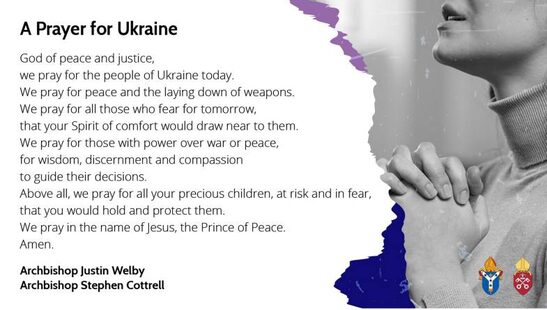 Text of a prayer for Ukraine next to an image of a woman praying with her hands clasped together