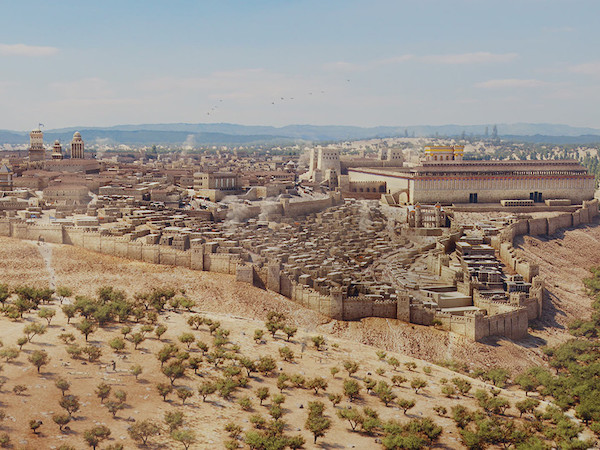 Jerusalem in the time of Jesus, showing a large ancient city and a hill with trees in the foreground