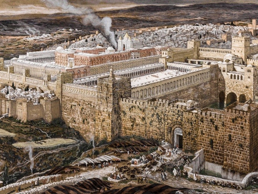 An illustration of Herod's temple, an enormous stone complex overlooked by hills