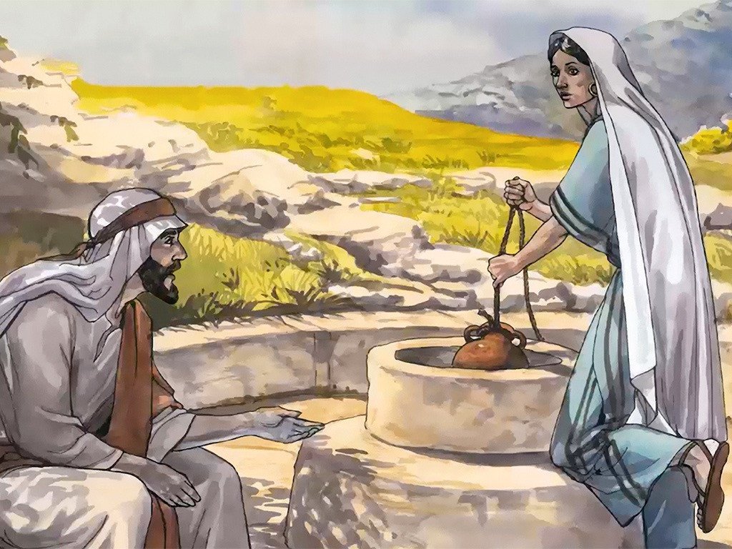 Illustration of Jesus speaking to a woman at a well, both in dressed in Jewish robes