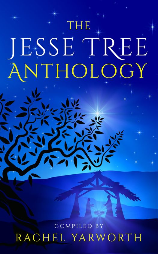 Jesse Tree Anthology book cover, deep blue with a silhouette of a branching tree and a Nativity scene