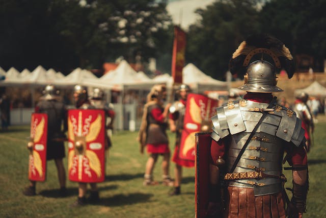 Roman soldiers in armour training for war