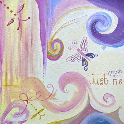 Just Me cover, a colourful painted image with butterflies and swirls