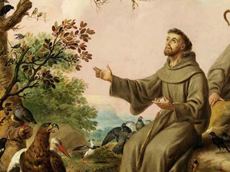 A painting of Saint Francis with his arms outstretched, surrounded by birds